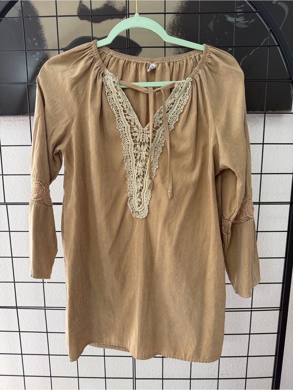 NWOT: MISSLOOK Tan Boho Crochet-Trim Peasant Blouse